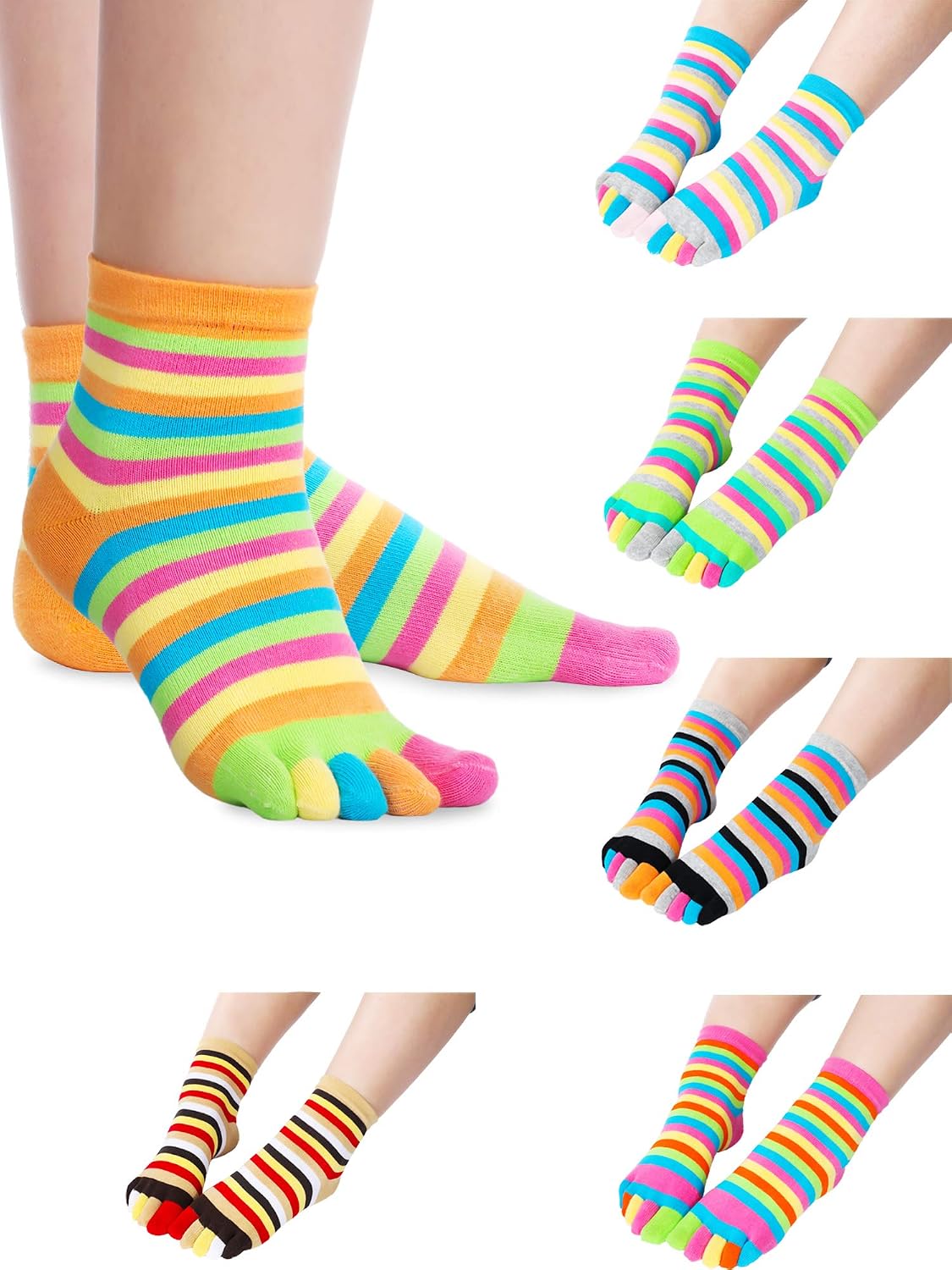 71XJktIiklL._AC_SL1500_.jpg 6 Pairs Rainbow Stripe Toe Separated Socks Cotton Full Finger Toe Socks for Women(Bright Color) - Image 1