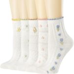 Women's Crew Socks - Casual Cotton Cute Novelty Socks - Floral Ankle Socks - 5 Pack (White, One Size)