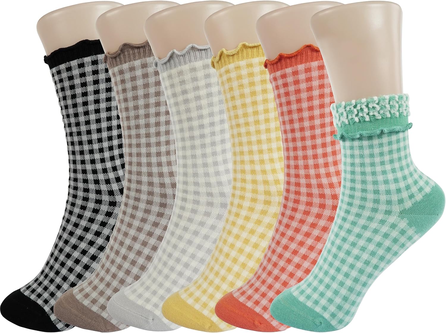 91fmgbhnvyL._AC_SL1500_.jpg Checkered Ruffle Socks Women - Cute Plaid Frilly Sock - Casual Crew Cotton Socks Size 5-9 - Image 1